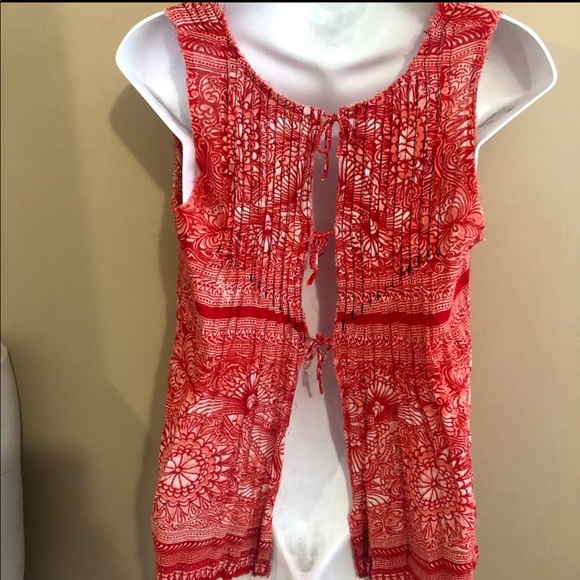 Free People Red White Myna Split  V-Neck Open Tie Back Tank Top - Picture 11 of 11